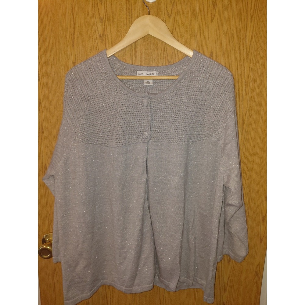 Sag Harbor Woman Silver Metallic Knit Cardigan Sweater Grey 3X Plus S